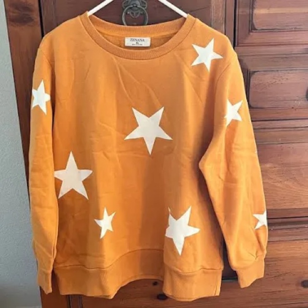Zenana Star Pattern Round Neck Sweatshirt Large